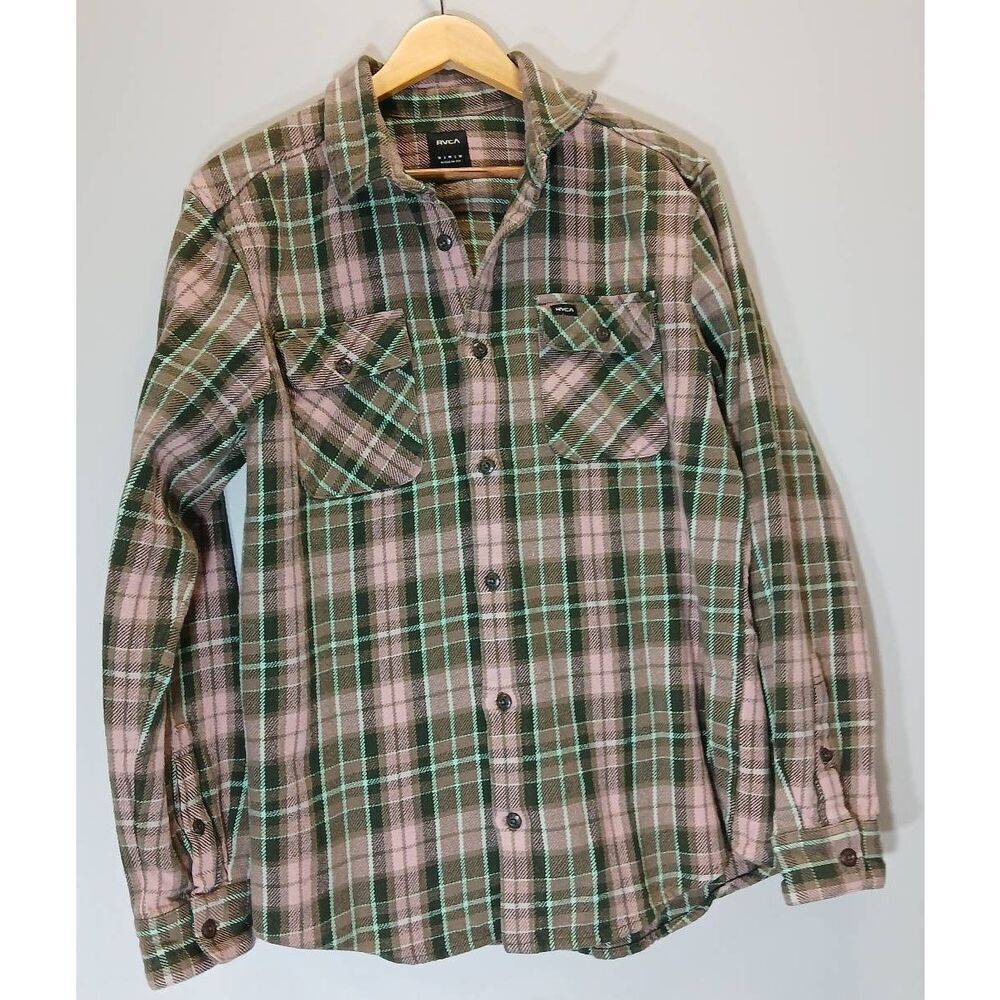 Rvca mens medium tough strong winter shirt plaid western green Salmon Pink